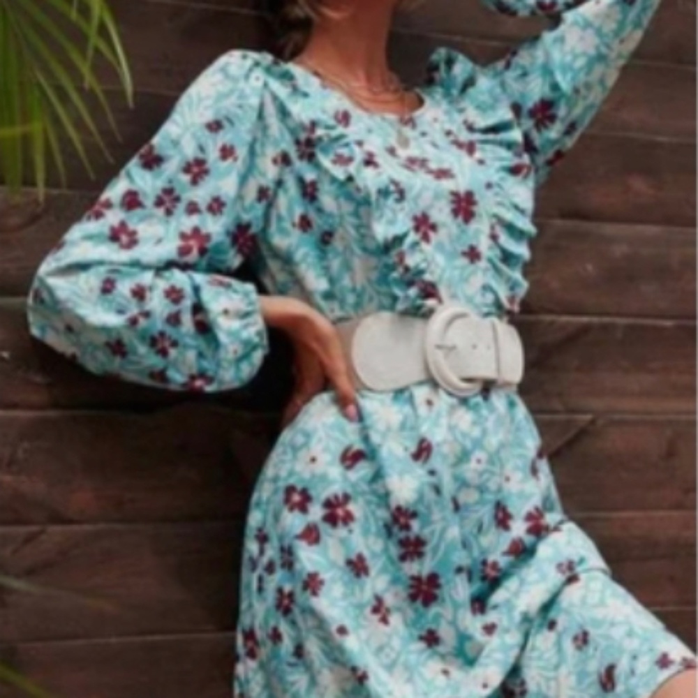 ZARA blue brown floral midi dress